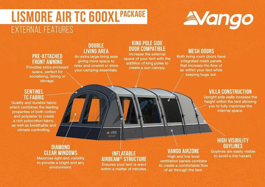 Vango Cort De Camping Tunel Gonflabil Gri Cu Dublu Material Pentru 6 Persoane 705x380x210cm