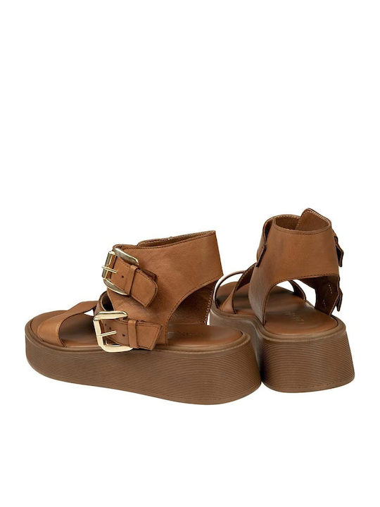 Leder Flache Sandalen für Damen Flatforms in Tabac Braun Farbe