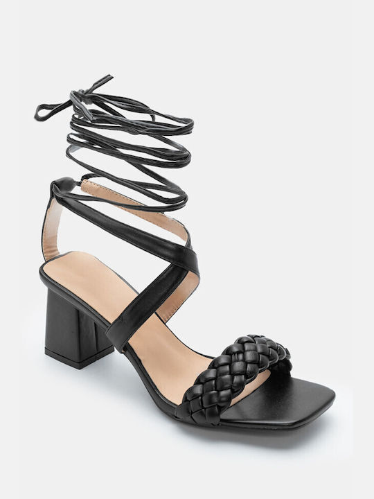 Luigi Synthetic Leather Women's Sandals with Laces Black with Medium Heel