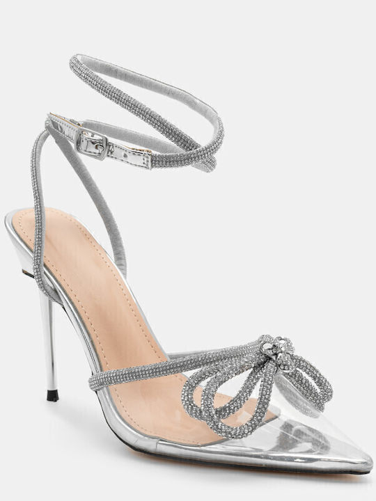 Synthetic Leather Pointed Toe Silver High Heels with Strap