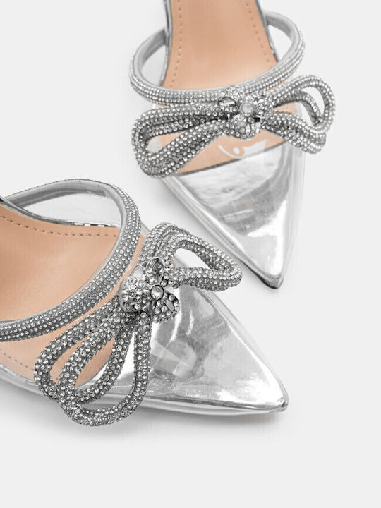 Synthetic Leather Pointed Toe Silver High Heels with Strap