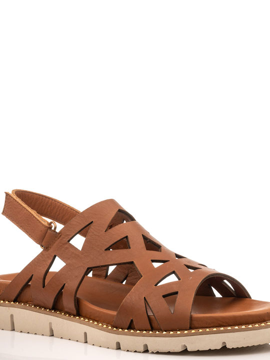 Mago Shoes Leather Women's Flat Sandals in Brown Color