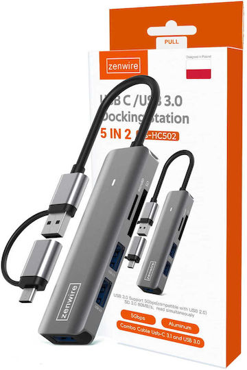 Zenwire Hub 3 Θυρών USB 3.0 με σύνδεση USB-A / USB-C Γκρι
