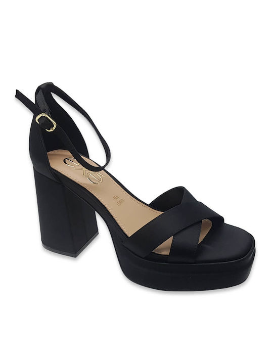 Exe Platform Fabric Women's Sandals with Ankle Strap Black with High Heel