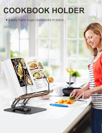 Suport de citit Tounee Rs03b reglabil și rotativ 360°, stabil, pentru cărți de rețete, caiete de gătit, muzică, pictură și cititul de tablete, cu clip lateral pentru pagini și pliere ușoară pentru depozitare, negru