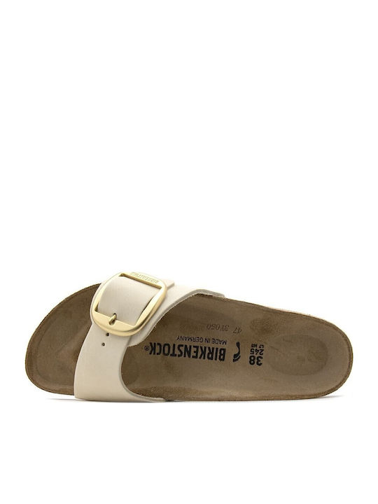 Classic Madrid Big Buckle Leather Women's Flat Sandals Anatomic in Ecru Color Narrow Fit
