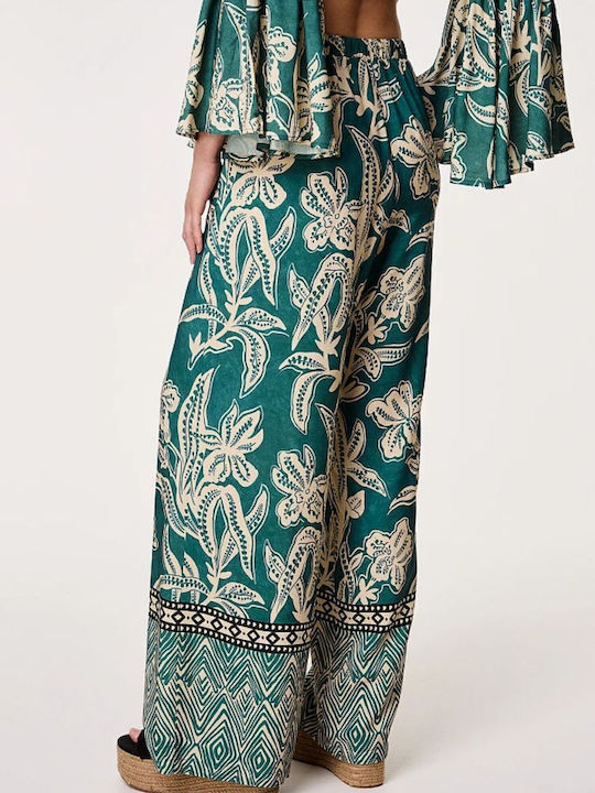 Women's High-waisted Fabric Trousers with Elastic Green