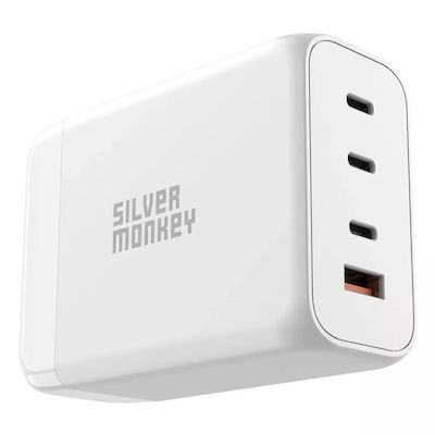 Silver Monkey Suport de Încărcare GaN cu Port USB-A și 3 Porturi USB-C 200W Livrarea energiei / Încărcare rapidă 3.0 în culoarea Argint (SMA156)