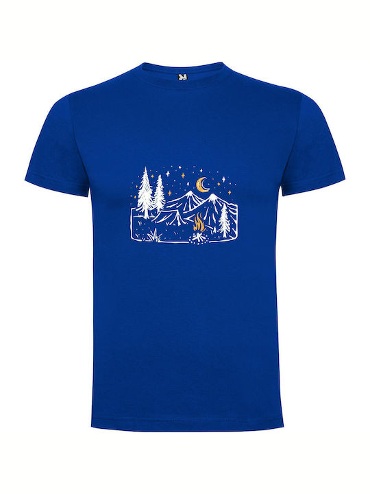 iLovePrints Night Mountain Campfire T-shirt Blue