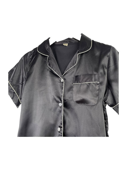 Women's Satin Pajama Set Short Sleeve Shirt Shorts Slim Fit Black