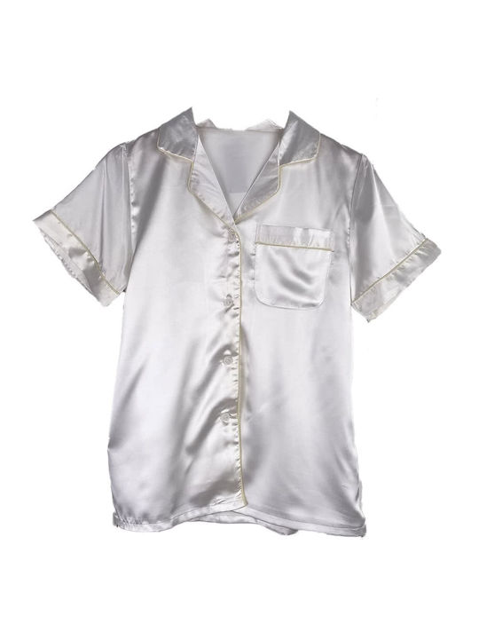 Булчинска сатенена пижама с къси ръкави, шорти и вталена кройка, бяла