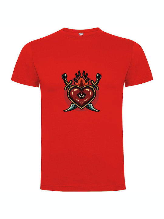 iLovePrints Fiery Sword Heart Tattoo T-shirt Red