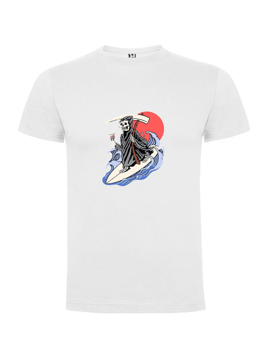 iLovePrints Surfing Skeleton Reaper T-shirt White