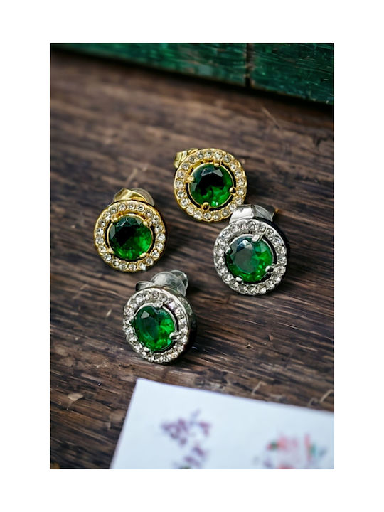 Stainless Steel Silver Stud Earrings with Green Zircon in the Middle and Rhinestones Around