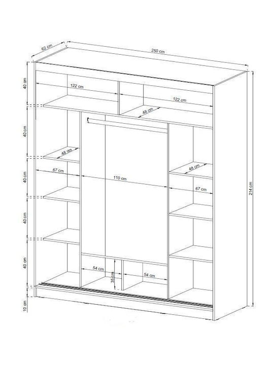 Triple Door Wardrobe Sliding Color Natural Oak 250x62x214cm