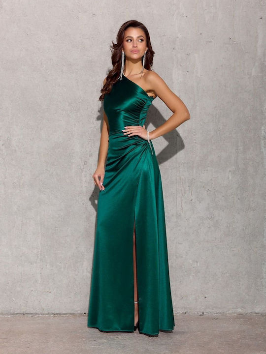 Roco Fashion Maxi Abendkleid Satin mit Schlitz Grün