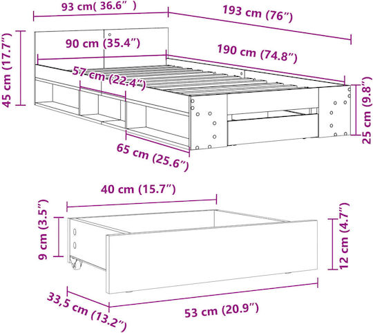 Single Wooden Gray Bed with Slats for Mattress 90x190cm