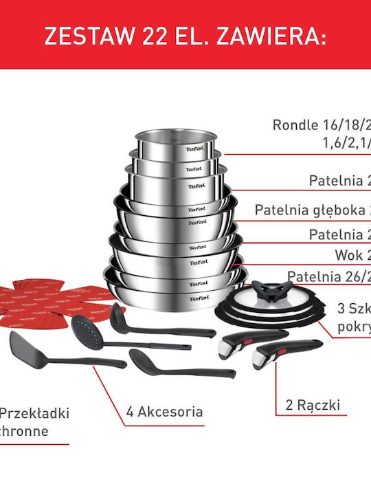 Tefal Ingenio Emotion Set de Vase de Gătit din Oțel Inoxidabil Silver cu Acoperire Antiaderentă 9 Buc