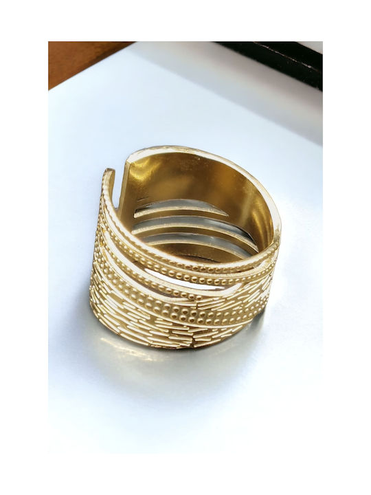 Steel Gold Solid Ring with Alternating Contrasting Lines