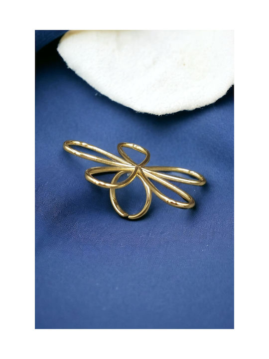 Steel Gold Open Flower Ring with Hollow Leaves