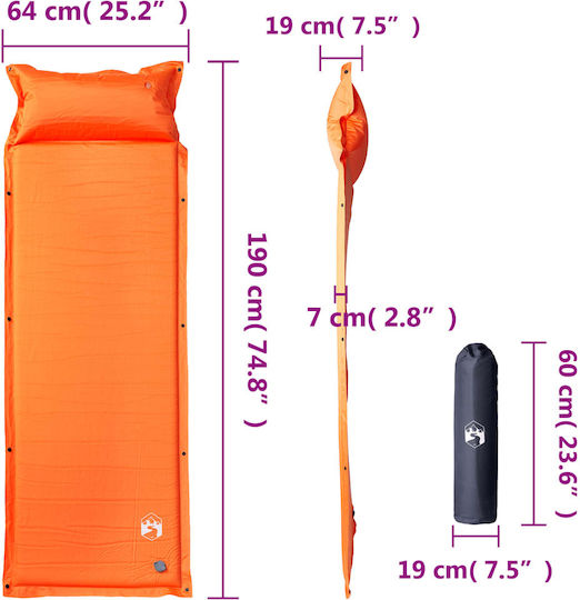 vidaXL Self-Inflating Single Camping Sleeping Mat 190x64cm Thickness 7cm in Orange color
