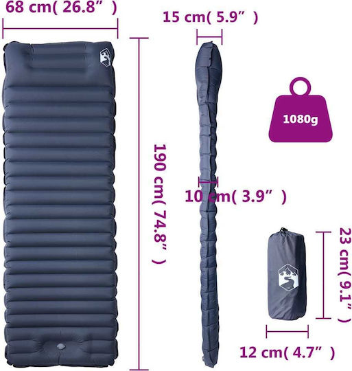 vidaXL Self-Inflating Semi-double Camping Sleeping Mat 190x68cm Thickness 10cm Gray