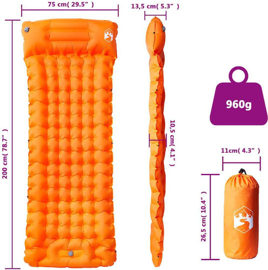 vidaXL Αυτοφούσκωτο Ημίδιπλο Υπόστρωμα Camping 200x75cm Πάχους 10.5cm Πορτοκαλί