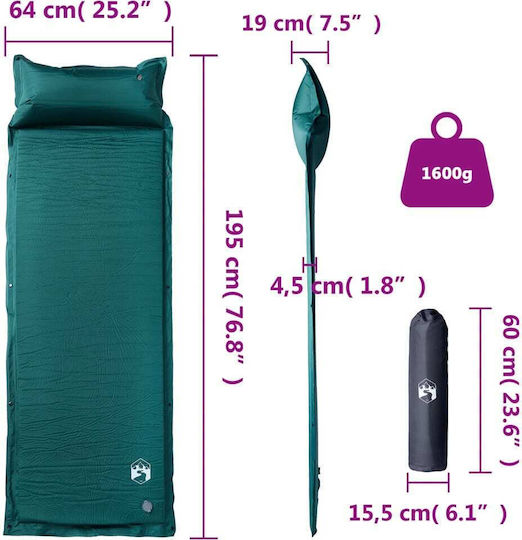 vidaXL Self-Inflating Single Camping Sleeping Mat 195x64cm Thickness 4.5cm in Green color