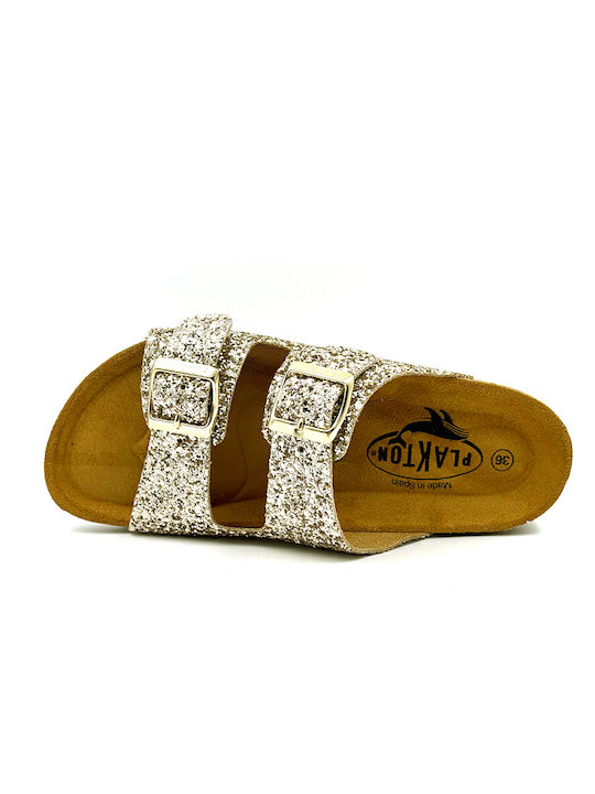 Plakton Leather Women's Flat Sandals Glitter Gold