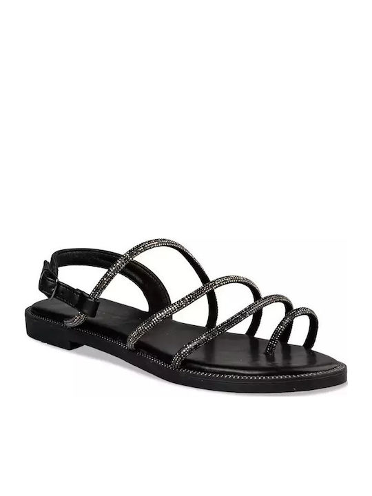 Leather Women's Flat Sandals with Strap in Black Color