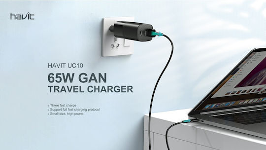 Havit Charger Without Cable with USB-A Port and 2 USB-C Ports 65W Power Delivery Blacks (UC10)