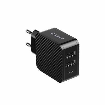 Havit Charger Without Cable with 2 USB-A Ports and USB-C Port 32W Power Delivery Black (UC118)