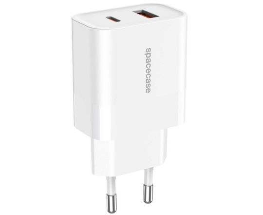 Spacecase Зарядно без кабел с USB-A порт и USB-C порт 20W Бял (Spacecase SC002W)