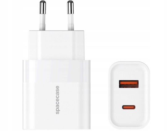Spacecase Зарядно без кабел с USB-A порт и USB-C порт 20W Бял (Spacecase SC002W)