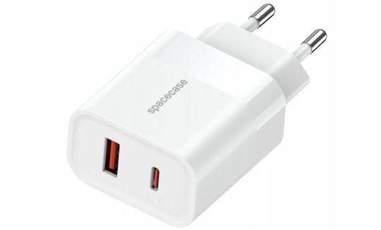 Spacecase Зарядно без кабел с USB-A порт и USB-C порт 20W Бял (Spacecase SC002W)