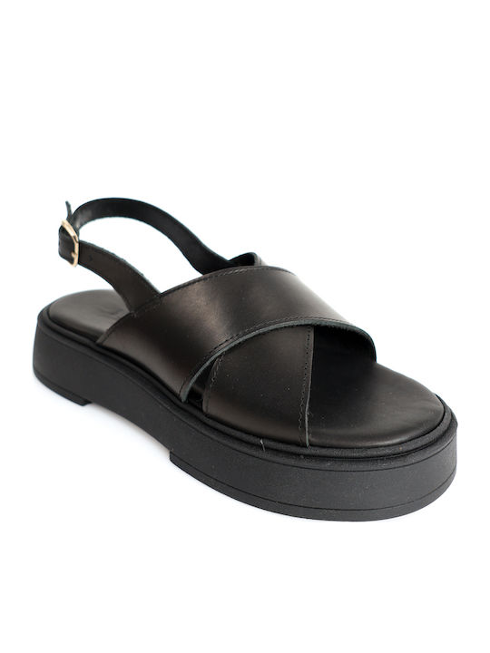 Μαύρα Δερμάτινα Flatforms Χιαστί Φάσα