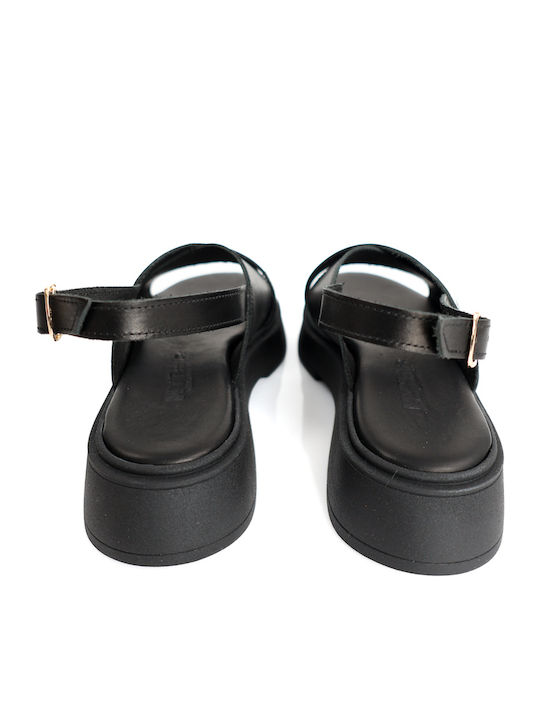 Μαύρα Δερμάτινα Flatforms Χιαστί Φάσα