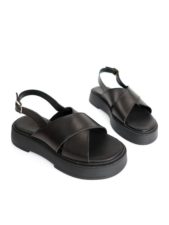 Μαύρα Δερμάτινα Flatforms Χιαστί Φάσα