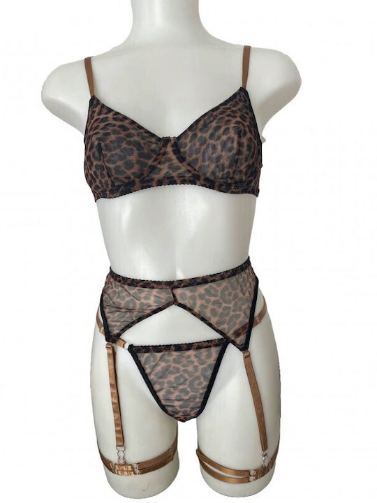 Women's Underwear Set Modern Ocean H3123 Animal Print String Garters Stockings Brown New