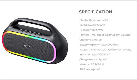 Havit SK862BT Boxă Bluetooth 50W cu Radio și Durată de Baterie până la 12 ore Negru