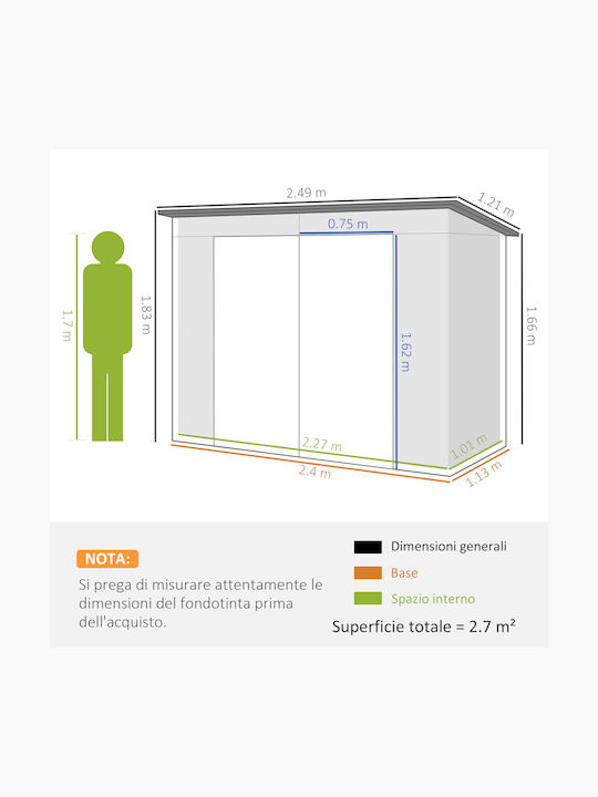 Metallische Gartenhaus Galvanisiert M2.49xB1.21xH1.83m