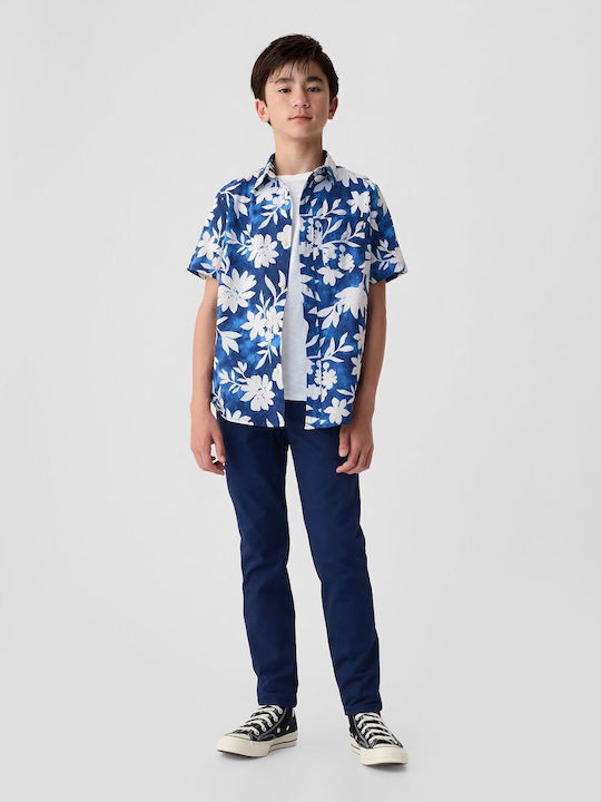 Kids Floral Shirt Short Sleeve Linen Blue