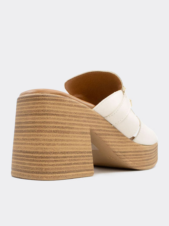 Leder Mules mit Hoch Absatz in Beige Farbe