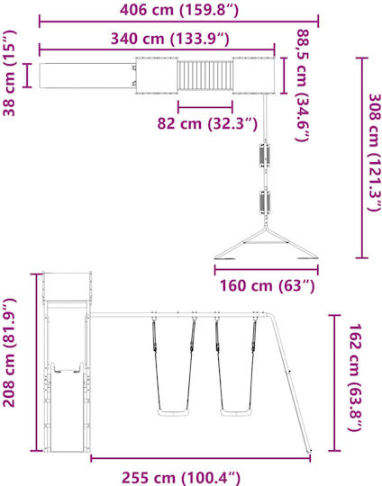 vidaXL Wooden Tower with Climbing Surface 308x406x208cm. Brown