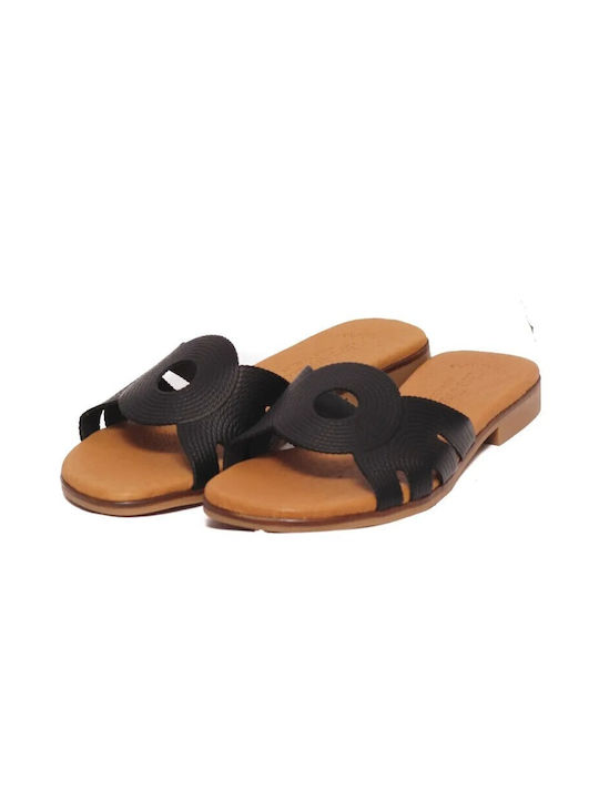 Eva Frutos Leather Women's Flat Sandals Anatomic Flatforms in Black Color