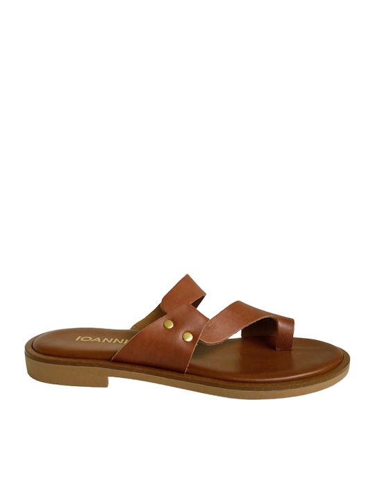 Leather Women's Flat Sandals Anatomic in Tabac Brown Color