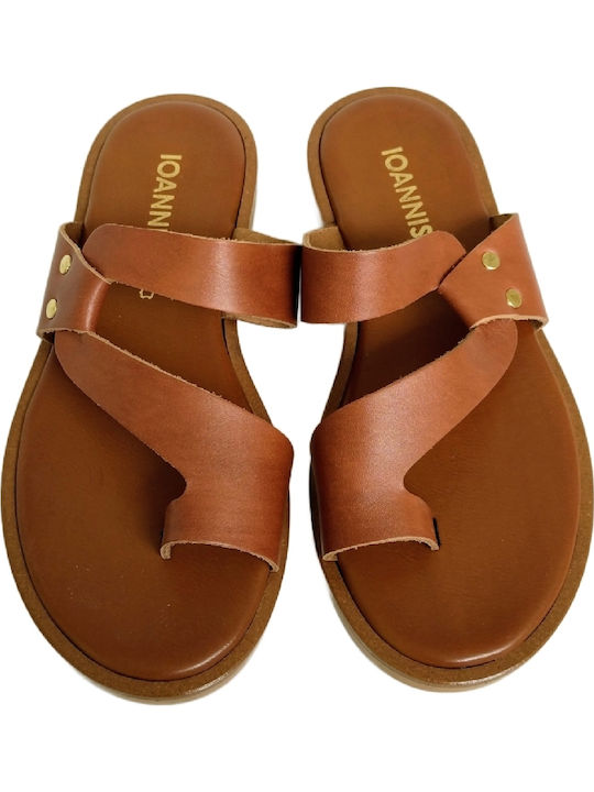 Leather Women's Flat Sandals Anatomic in Tabac Brown Color