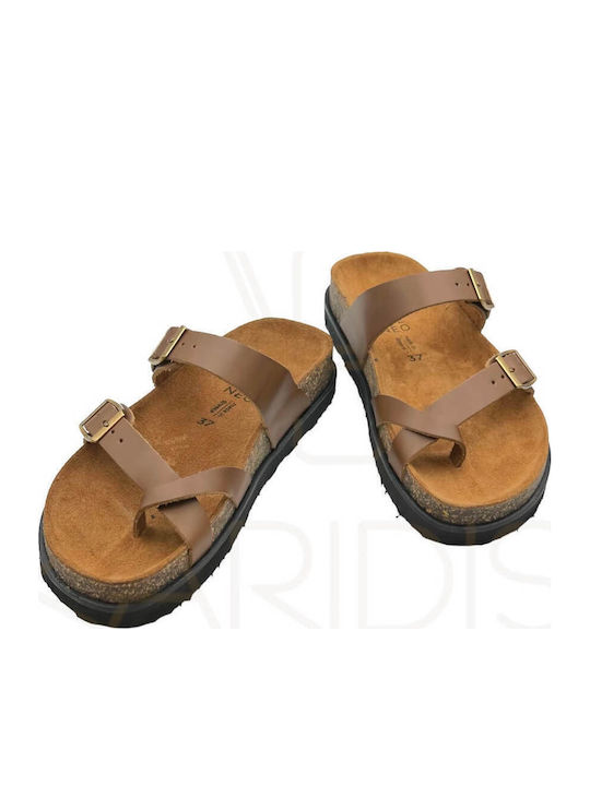 Leather Women's Flat Sandals in Tabac Brown Color