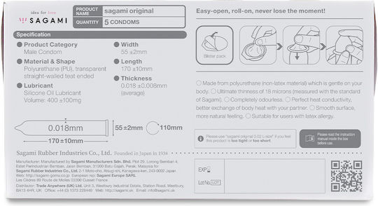 Sagami Original 0.01 5's Pack Pu Thin Condoms Natural 5pcs