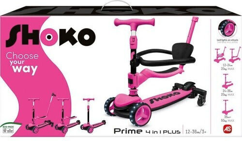 Shoko Παιδικό Πατίνι Αναδιπλούμενο Prime 4 In 1 Plus Τρίτροχο με Κάθισμα για 12 Μηνών Ροζ